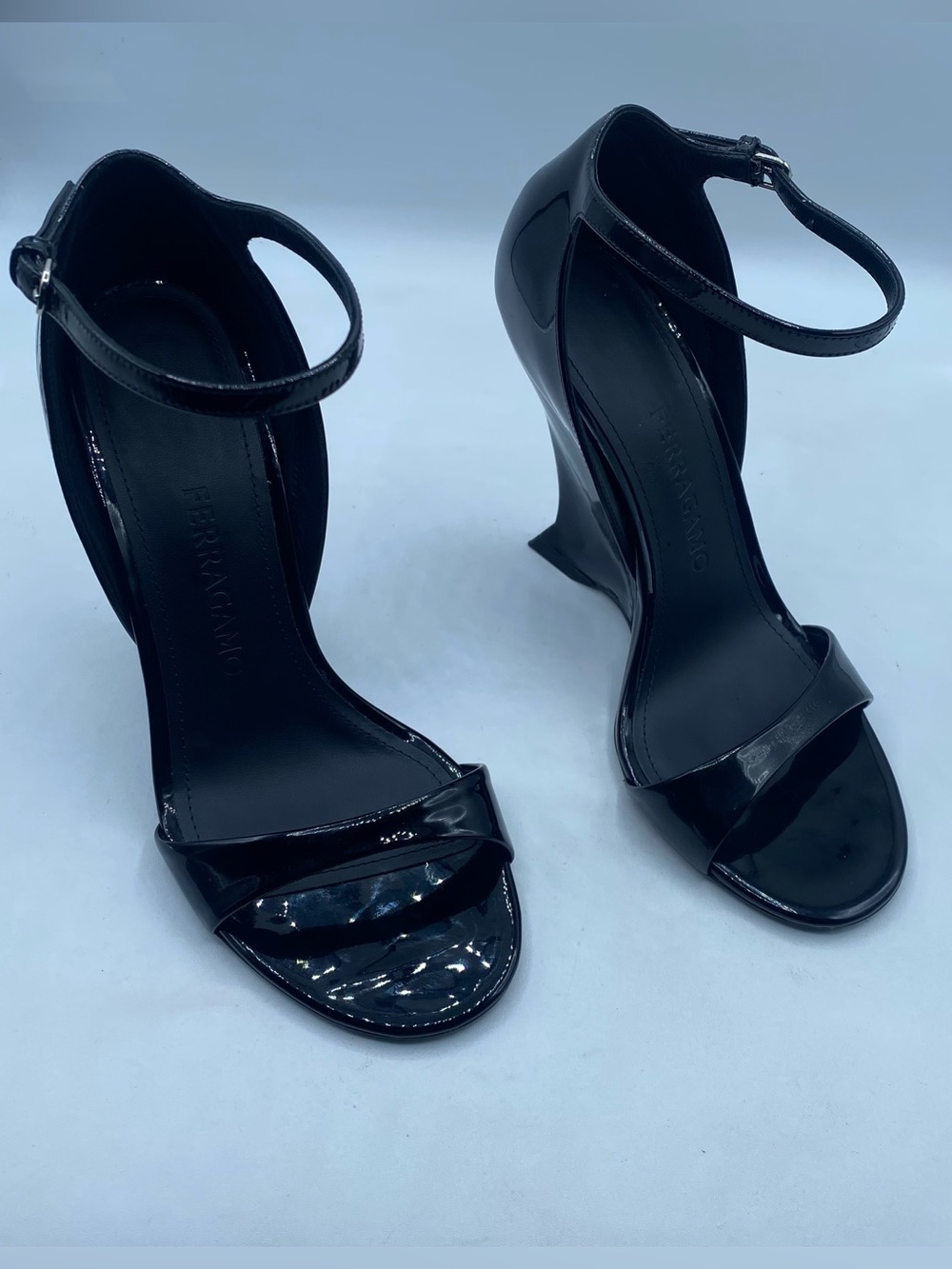 FERRAGAMO Vidette  Patent Wedge Ankle-Strap Sandals in Black, US 6.5